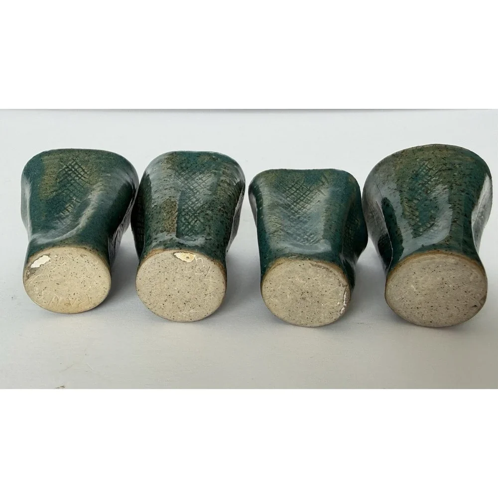 Vintage Blue Pottery Shot Glasses Set of 4 Handmade Ceramic Japan Teal Cups